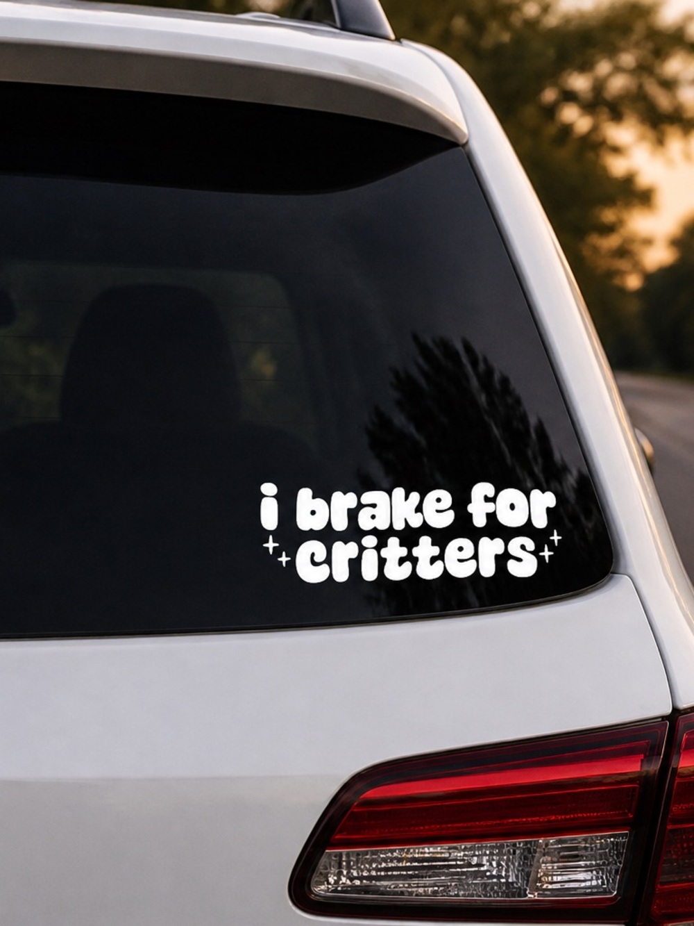 White "I Brake For Critters" Car Decal